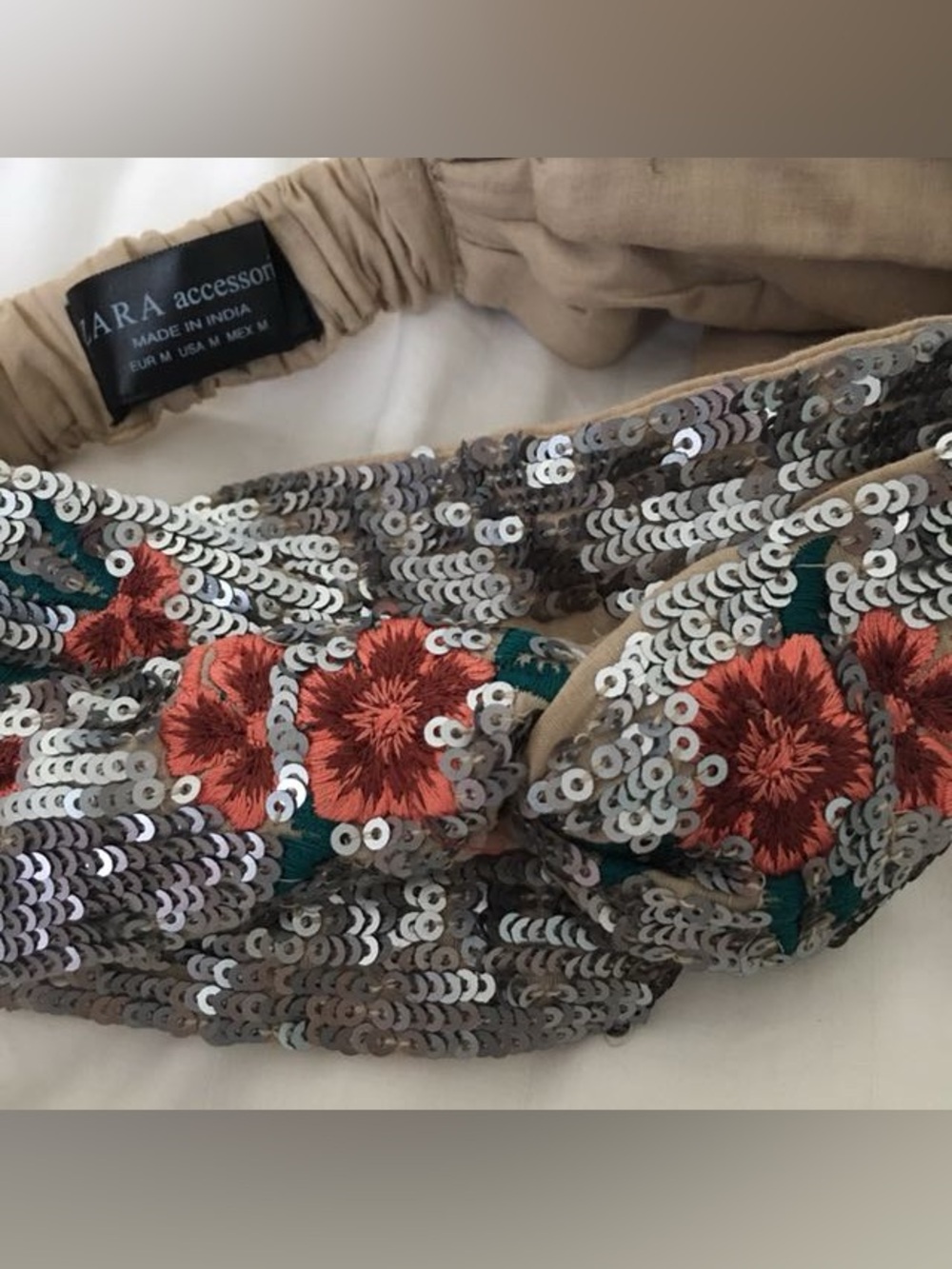 Zara Silver Sequin Headwrap with Floral Embroidery